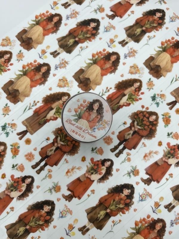 Bud Like Dream Serisi Bahar Çiçeği Kız Temalı 2m Washi Bant/Washi Tape/Masking Tape/Desenli Bant