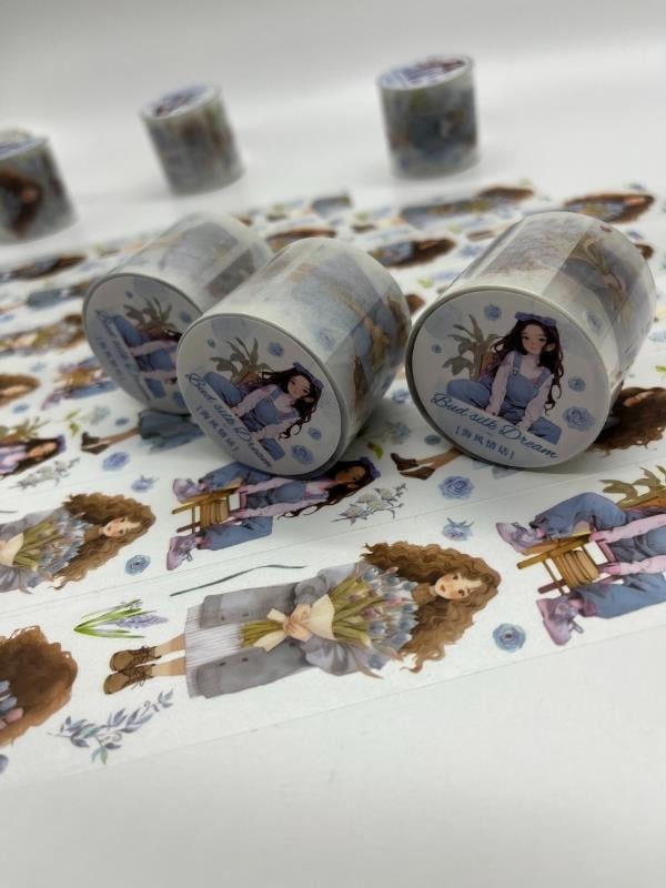 Bud Silk Dream Serisi Mavi Çiçekli Kız Temalı 2m Washi Bant/Washi Tape/Masking Tape/Desenli Bant