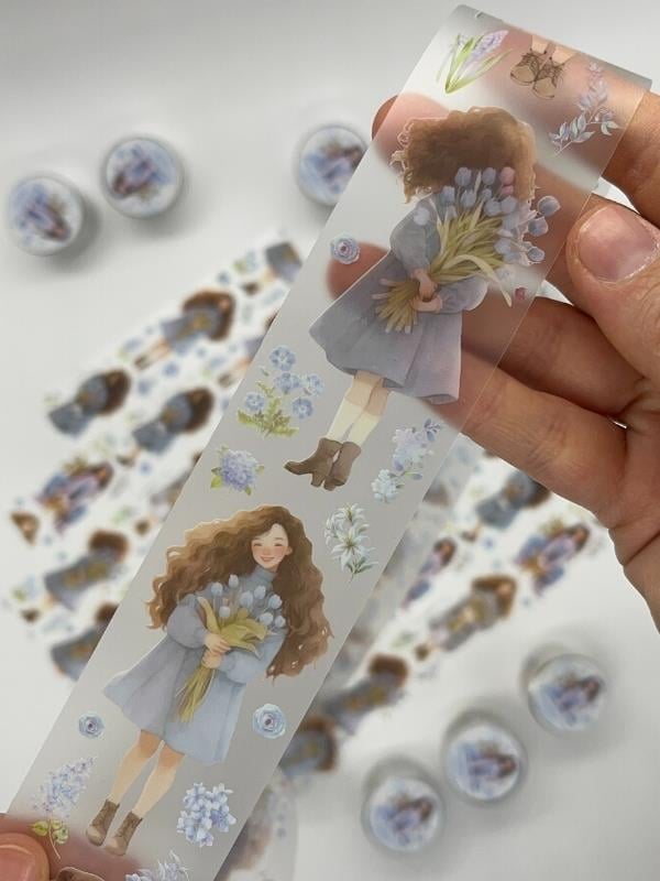 Bud Silk Dream Serisi Mavi Çiçekli Kız Temalı 2m Washi Bant/Washi Tape/Masking Tape/Desenli Bant