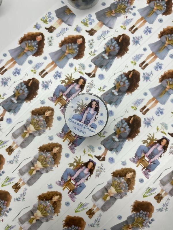 Bud Silk Dream Serisi Mavi Çiçekli Kız Temalı 2m Washi Bant/Washi Tape/Masking Tape/Desenli Bant