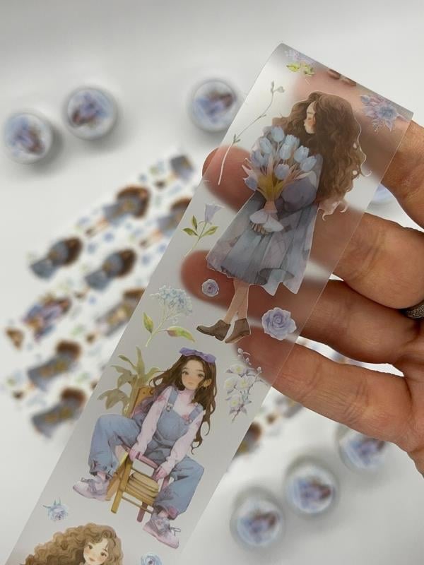 Bud Silk Dream Serisi Mavi Çiçekli Kız Temalı 2m Washi Bant/Washi Tape/Masking Tape/Desenli Bant