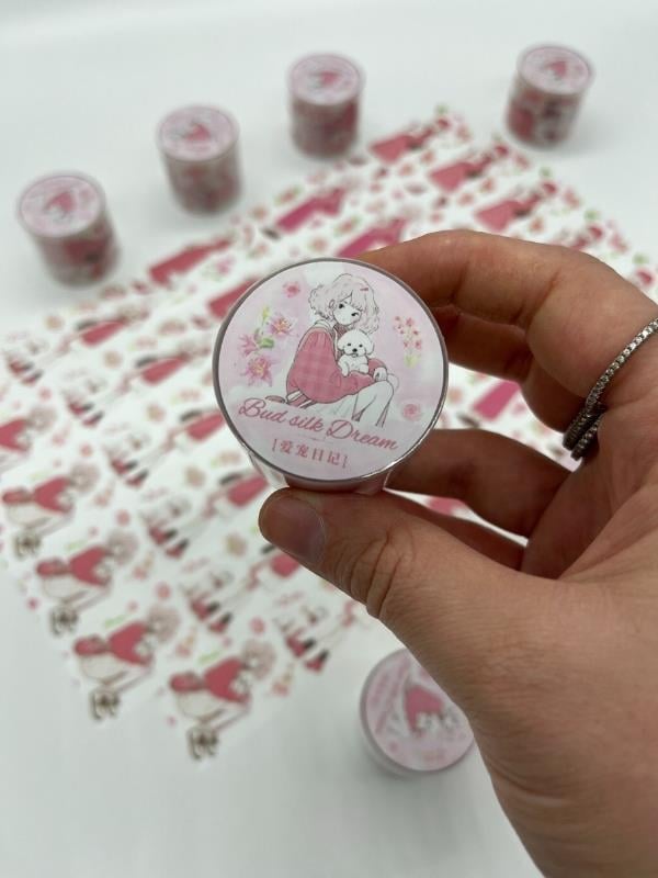 Bud Silk Dream Serisi Pembe Çiçekli Kız Ve Köpeği 2m Washi Bant/Washi Tape/Masking Tape/Desenli Bant