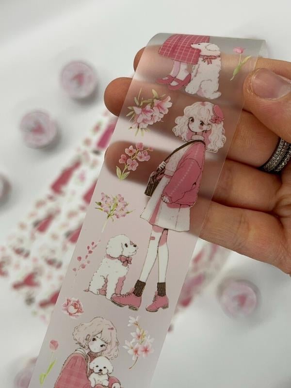 Bud Silk Dream Serisi Pembe Çiçekli Kız Ve Köpeği 2m Washi Bant/Washi Tape/Masking Tape/Desenli Bant