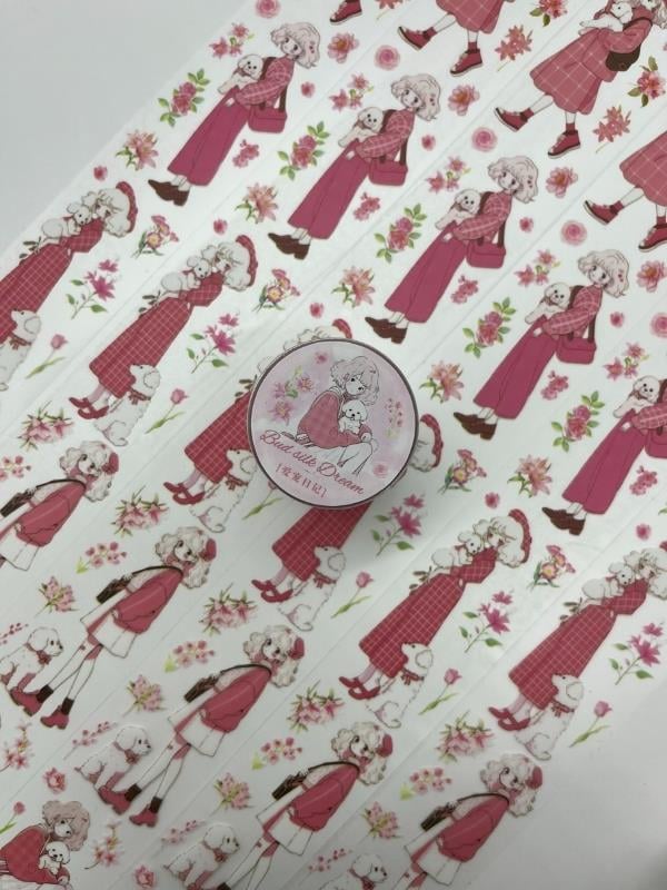 Bud Silk Dream Serisi Pembe Çiçekli Kız Ve Köpeği 2m Washi Bant/Washi Tape/Masking Tape/Desenli Bant
