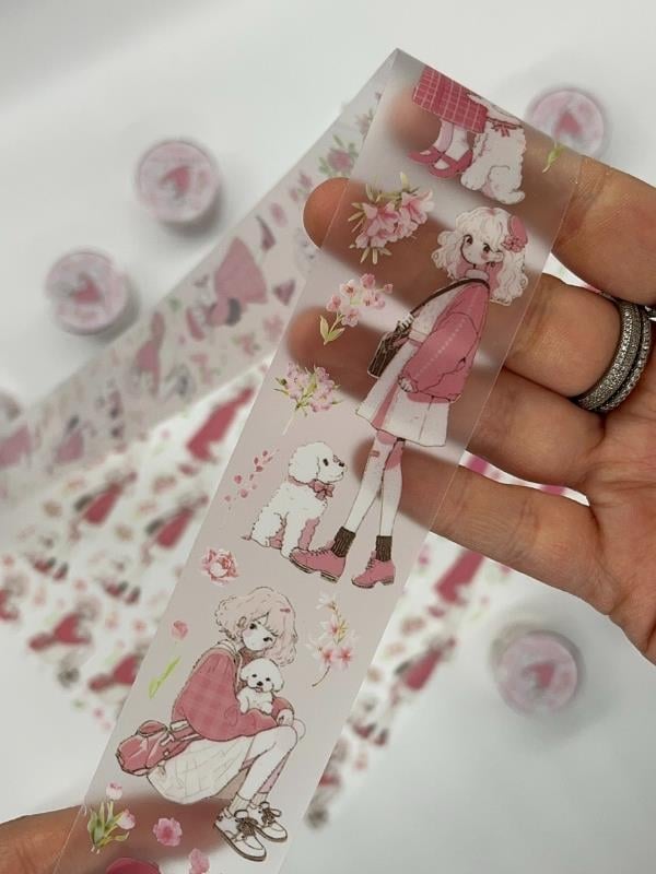 Bud Silk Dream Serisi Pembe Çiçekli Kız Ve Köpeği 2m Washi Bant/Washi Tape/Masking Tape/Desenli Bant