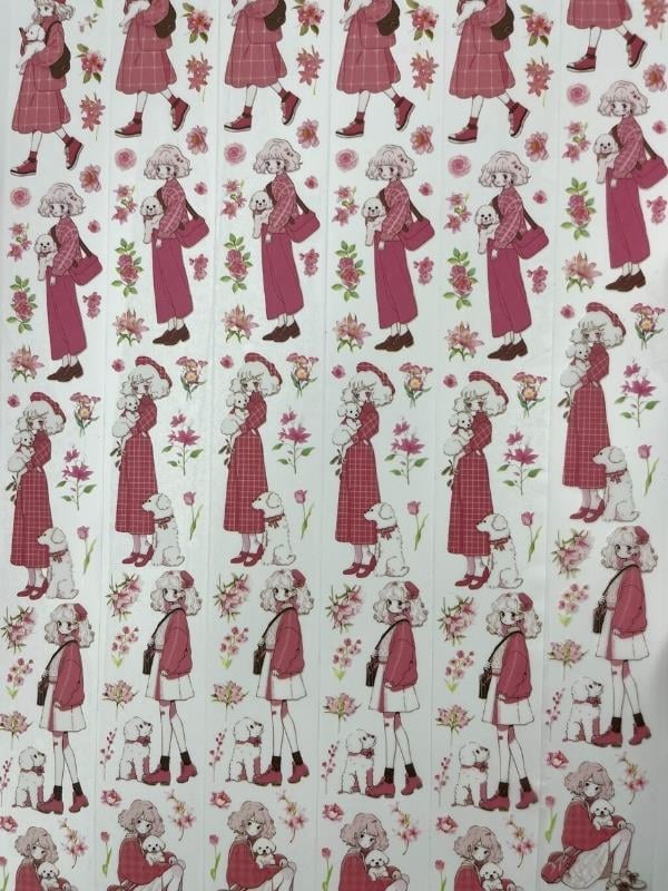 Bud Silk Dream Serisi Pembe Çiçekli Kız Ve Köpeği 2m Washi Bant/Washi Tape/Masking Tape/Desenli Bant