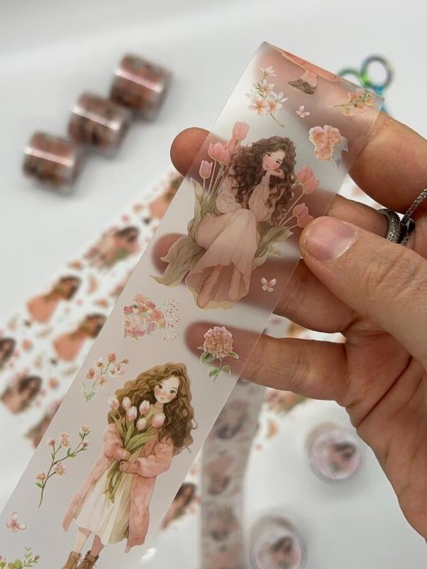 Bud Silk Dream Serisi Şeftali Lale Kız Temalı 2m Washi Bant/Washi Tape/Masking Tape/Desenli Bant