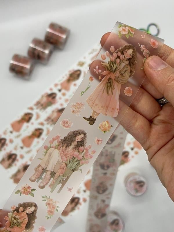 Bud Silk Dream Serisi Şeftali Lale Kız Temalı 2m Washi Bant/Washi Tape/Masking Tape/Desenli Bant