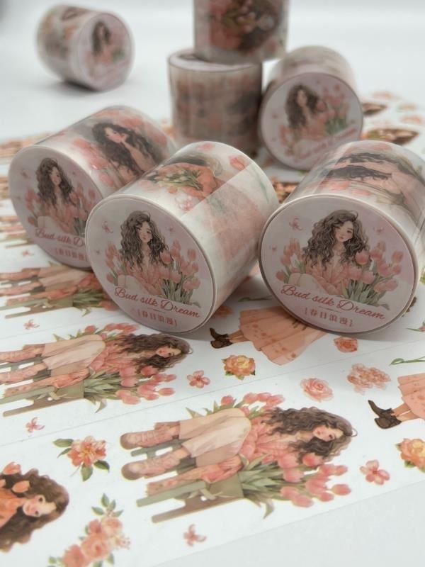 Bud Silk Dream Serisi Şeftali Lale Kız Temalı 2m Washi Bant/Washi Tape/Masking Tape/Desenli Bant