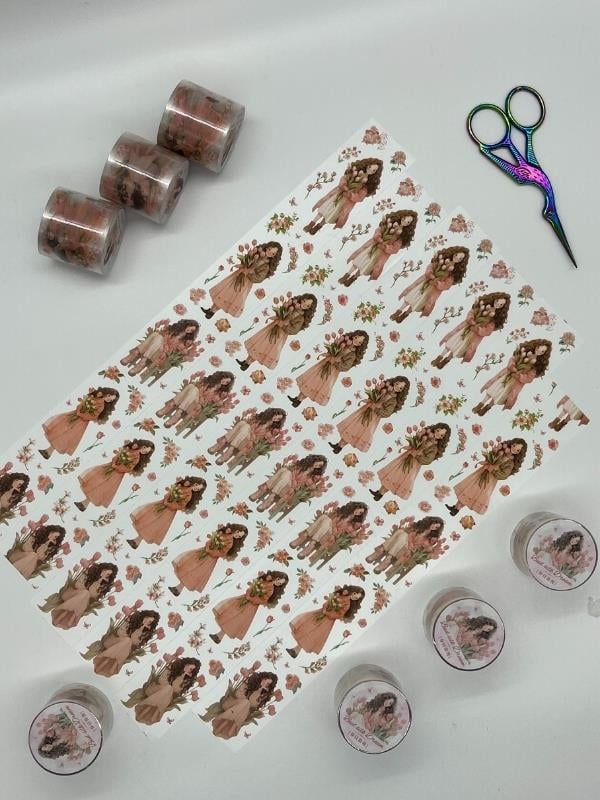 Bud Silk Dream Serisi Şeftali Lale Kız Temalı 2m Washi Bant/Washi Tape/Masking Tape/Desenli Bant