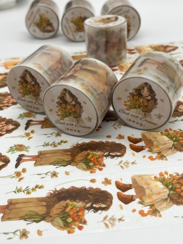 Bud Silk Dream Serisi Sıcak Sonbahar Kızı Temalı 2m Washi Bant/Washi Tape/Masking Tape/Desenli Bant