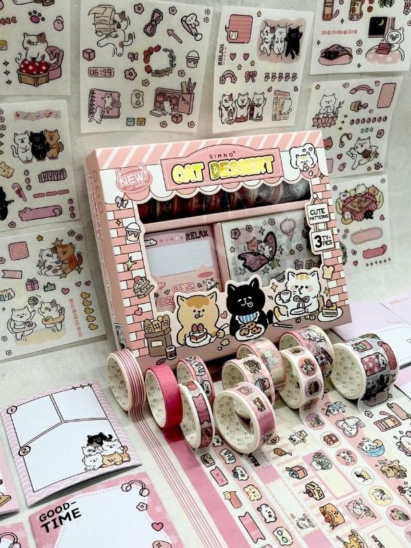 Cat Dessert Sevimli Kedicik Washi Bantlı Post-itli Sticker Set /Scsrapbook/Bullet Journal