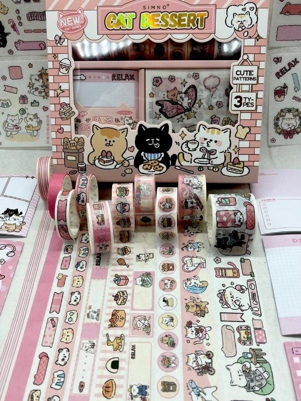 Cat Dessert Sevimli Kedicik Washi Bantlı Post-itli Sticker Set /Scsrapbook/Bullet Journal