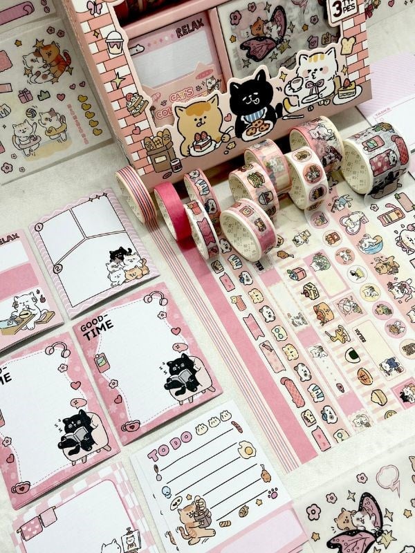 Cat Dessert Sevimli Kedicik Washi Bantlı Post-itli Sticker Set /Scsrapbook/Bullet Journal