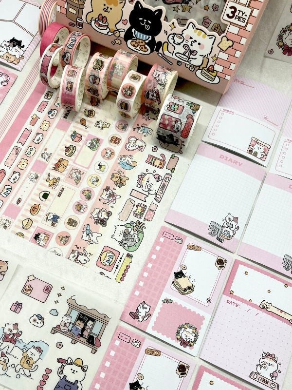 Cat Dessert Sevimli Kedicik Washi Bantlı Post-itli Sticker Set /Scsrapbook/Bullet Journal