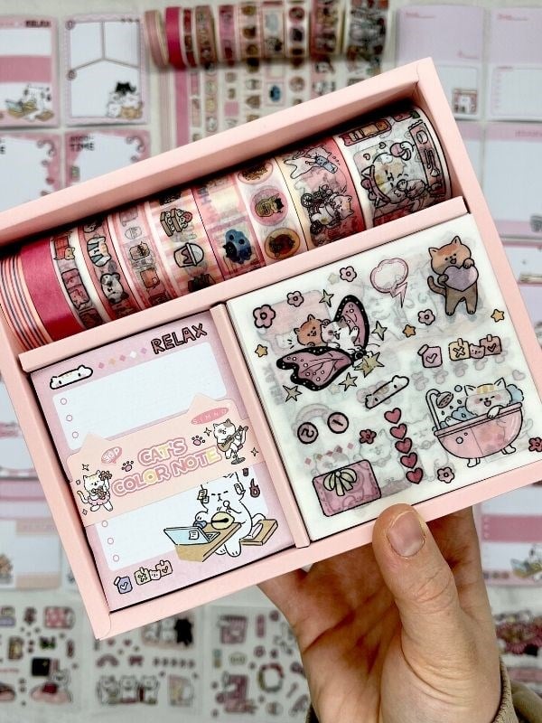 Cat Dessert Sevimli Kedicik Washi Bantlı Post-itli Sticker Set /Scsrapbook/Bullet Journal