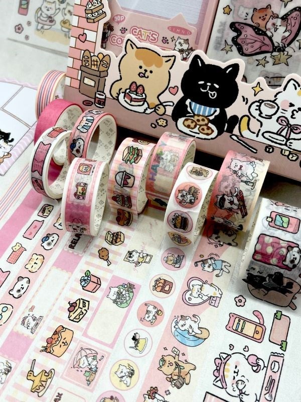 Cat Dessert Sevimli Kedicik Washi Bantlı Post-itli Sticker Set /Scsrapbook/Bullet Journal