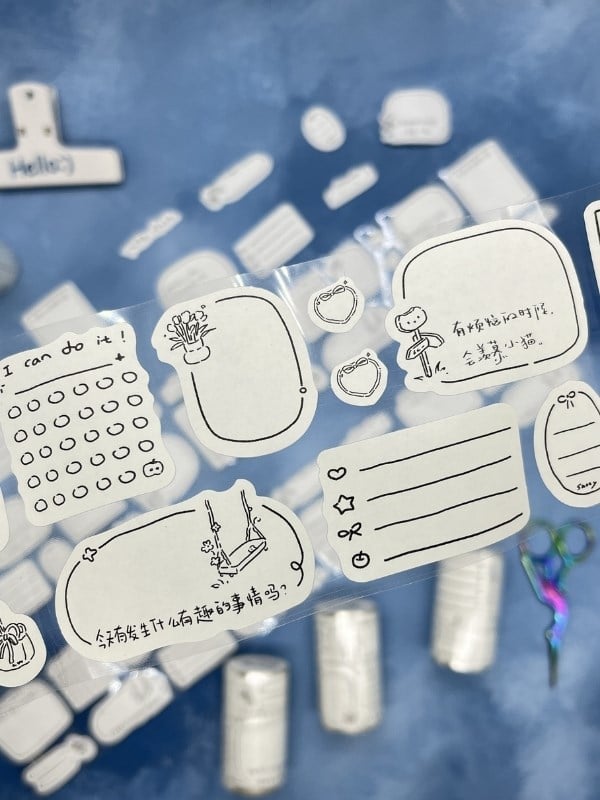 Çerçeve ve Not Etiketi Çince Yazılı 2 m 86 Adet Tek Tek Çıkartmalı Sticker Washi Bant/Masking Tape