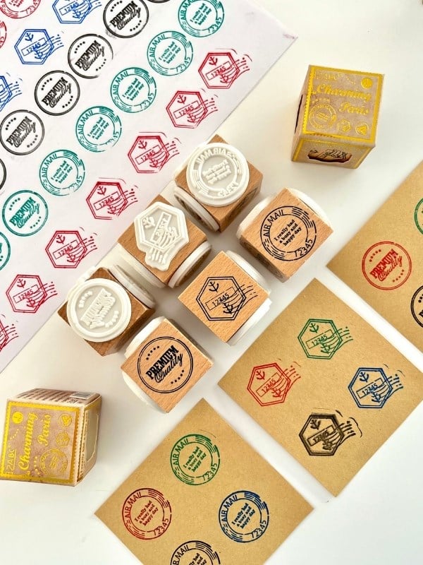 Charming Paris 3 Farklı Posta ve Premium Damga Desenli Ahşap Küp Mühür/Kaşe/Kitap Mührü/Stamp / Seal