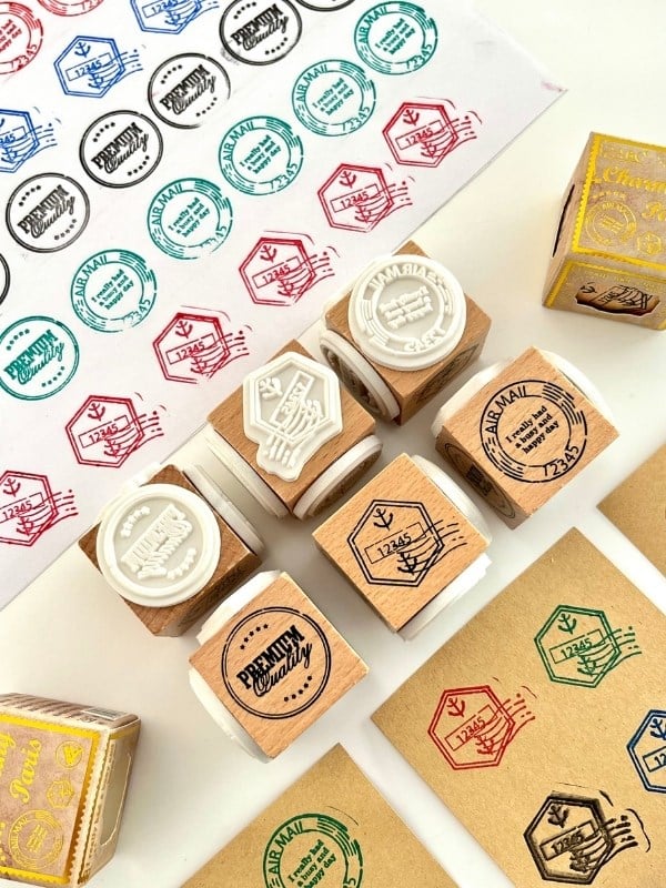 Charming Paris 3 Farklı Posta ve Premium Damga Desenli Ahşap Küp Mühür/Kaşe/Kitap Mührü/Stamp / Seal