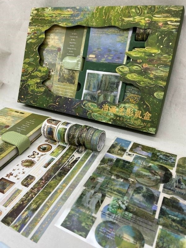 Claude Monet Nilüfer Tablosu Desenli Yeşil Kutu Defter Seti/Hediye Set/Notebook / Bullet Journal