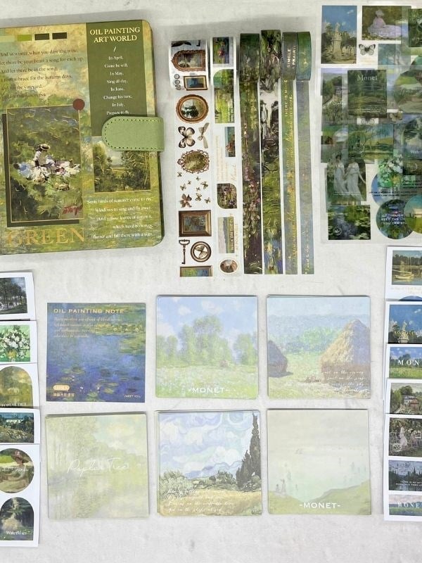 Claude Monet Nilüfer Tablosu Desenli Yeşil Kutu Defter Seti/Hediye Set/Notebook / Bullet Journal
