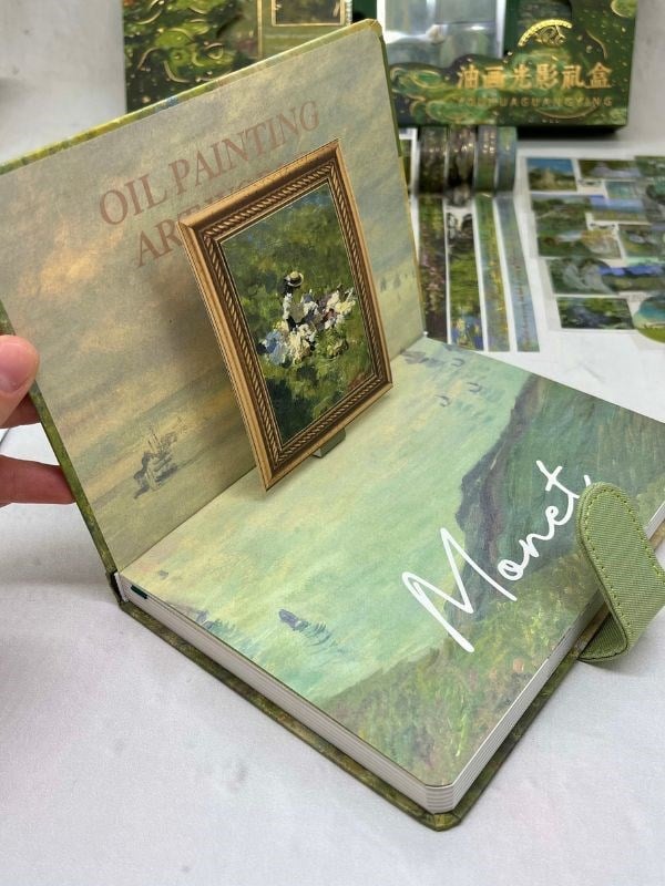 Claude Monet Nilüfer Tablosu Desenli Yeşil Kutu Defter Seti/Hediye Set/Notebook / Bullet Journal