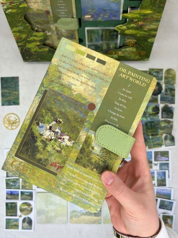Claude Monet Nilüfer Tablosu Desenli Yeşil Kutu Defter Seti/Hediye Set/Notebook / Bullet Journal