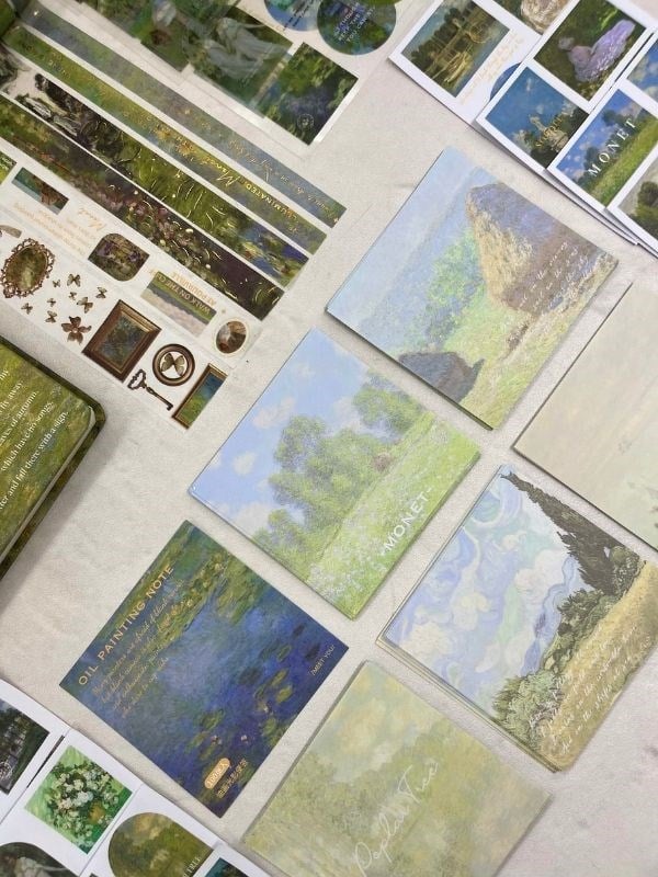 Claude Monet Nilüfer Tablosu Desenli Yeşil Kutu Defter Seti/Hediye Set/Notebook / Bullet Journal