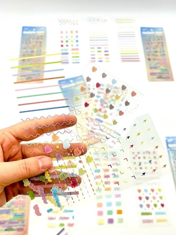 Colorful Fixed Pastel Çizgi Daire Kalp ve Şekiller 6 Yaprak 226 Adet Sticker Seti/Etiket/Çıkartma