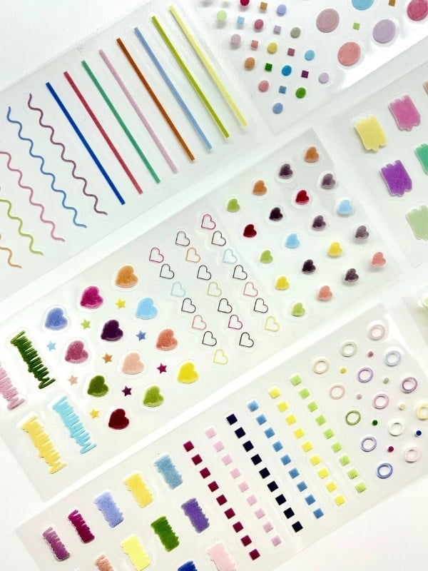 Colorful Fixed Pastel Çizgi Daire Kalp ve Şekiller 6 Yaprak 226 Adet Sticker Seti/Etiket/Çıkartma