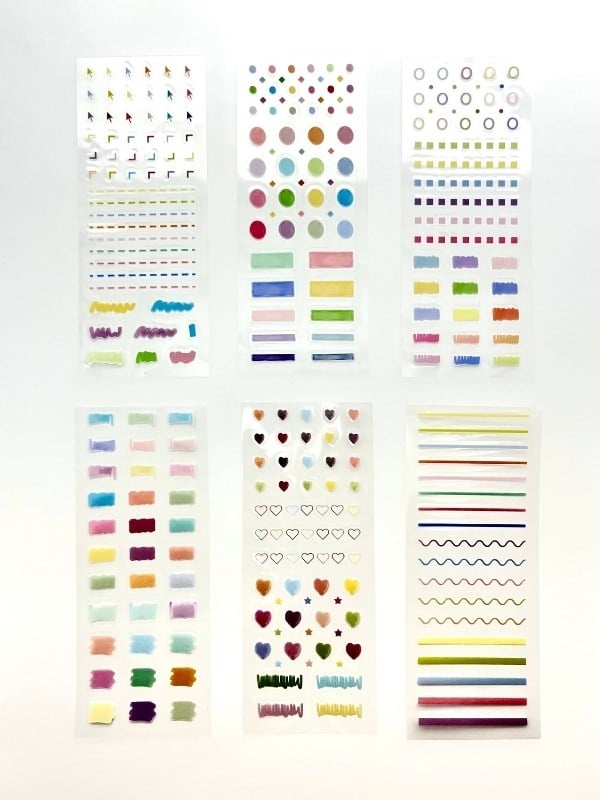 Colorful Fixed Pastel Çizgi Daire Kalp ve Şekiller 6 Yaprak 226 Adet Sticker Seti/Etiket/Çıkartma