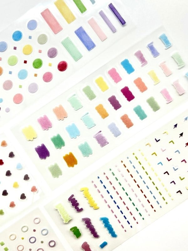 Colorful Fixed Pastel Çizgi Daire Kalp ve Şekiller 6 Yaprak 226 Adet Sticker Seti/Etiket/Çıkartma