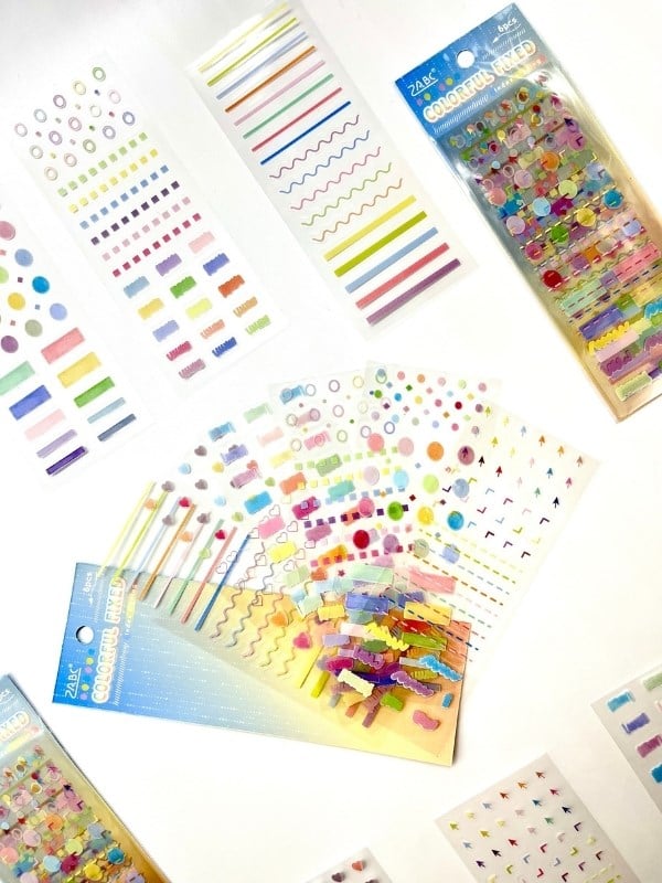 Colorful Fixed Pastel Çizgi Daire Kalp ve Şekiller 6 Yaprak 226 Adet Sticker Seti/Etiket/Çıkartma