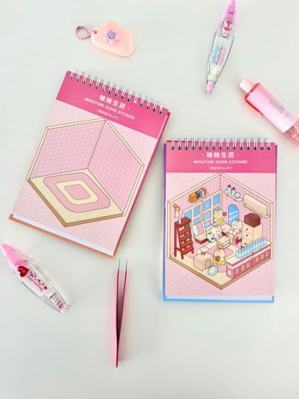 DIY 20 Farklı 3D İzometrik Sahne Tasarımı 18Yaprak 798Adet Sticker Seti/Etiket/Çıkartma -Pembe Kapak