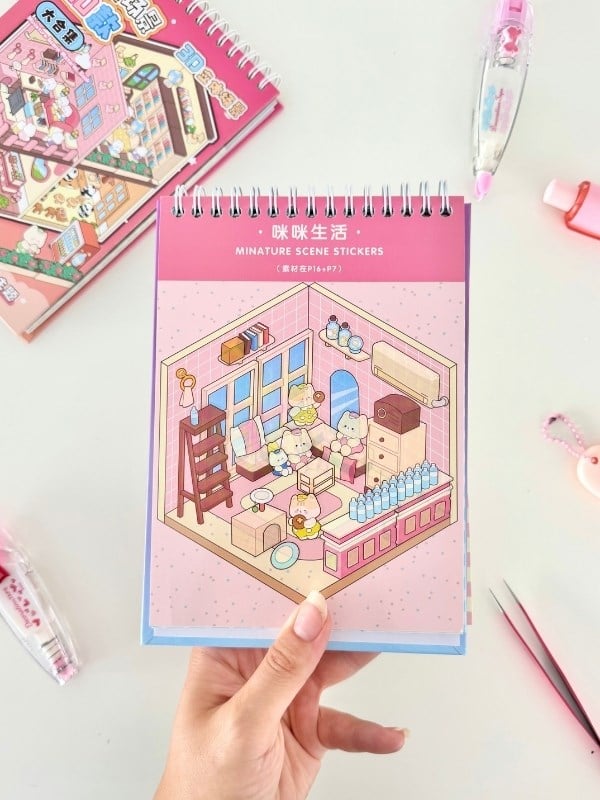 DIY 20 Farklı 3D İzometrik Sahne Tasarımı 18Yaprak 798Adet Sticker Seti/Etiket/Çıkartma -Pembe Kapak