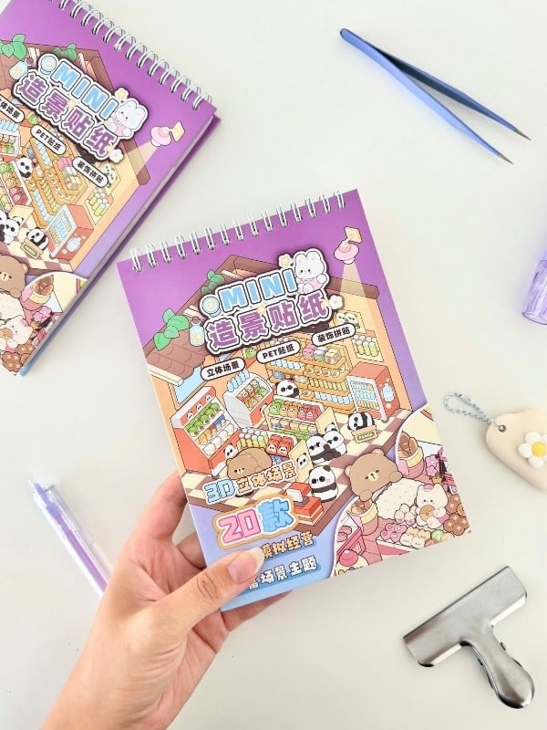 DIY 20 Farklı 3D İzometrik Sahne Tasarımı 18 Yaprak 798Adet Sticker Seti/Etiket/Çıkartma - Mor Kapak