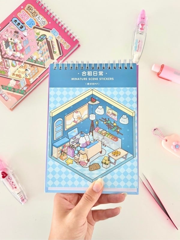 DIY 20 Farklı 3D İzometrik Sahne Tasarımı 18Yaprak 798Adet Sticker Seti/Etiket/Çıkartma -Pembe Kapak