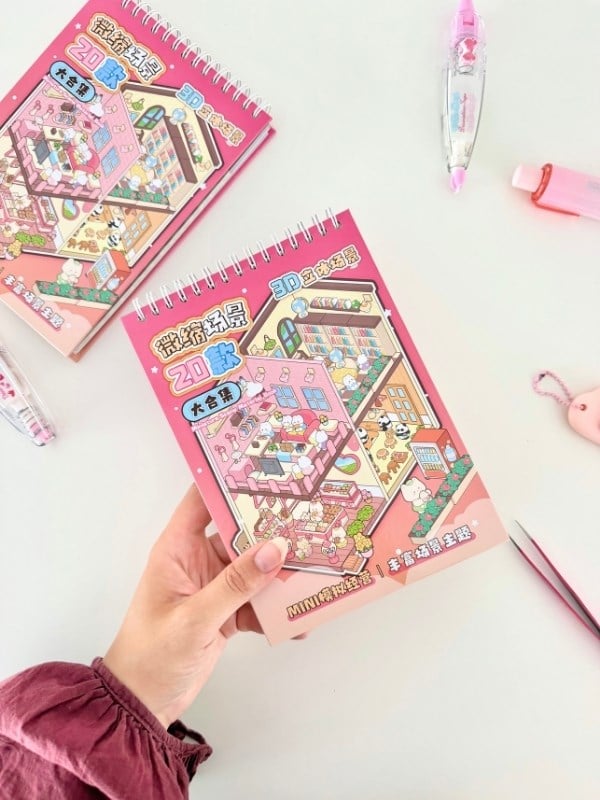 DIY 20 Farklı 3D İzometrik Sahne Tasarımı 18Yaprak 798Adet Sticker Seti/Etiket/Çıkartma -Pembe Kapak