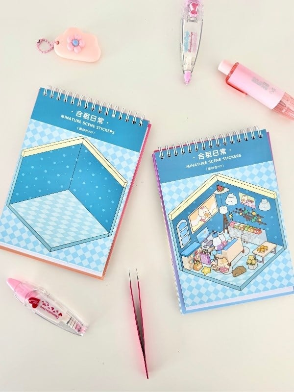 DIY 20 Farklı 3D İzometrik Sahne Tasarımı 18Yaprak 798Adet Sticker Seti/Etiket/Çıkartma -Pembe Kapak