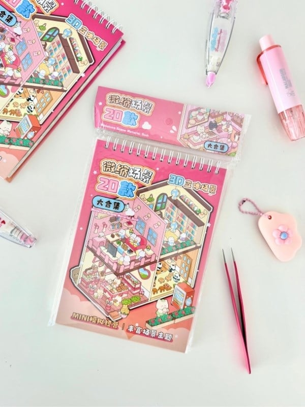 DIY 20 Farklı 3D İzometrik Sahne Tasarımı 18Yaprak 798Adet Sticker Seti/Etiket/Çıkartma -Pembe Kapak