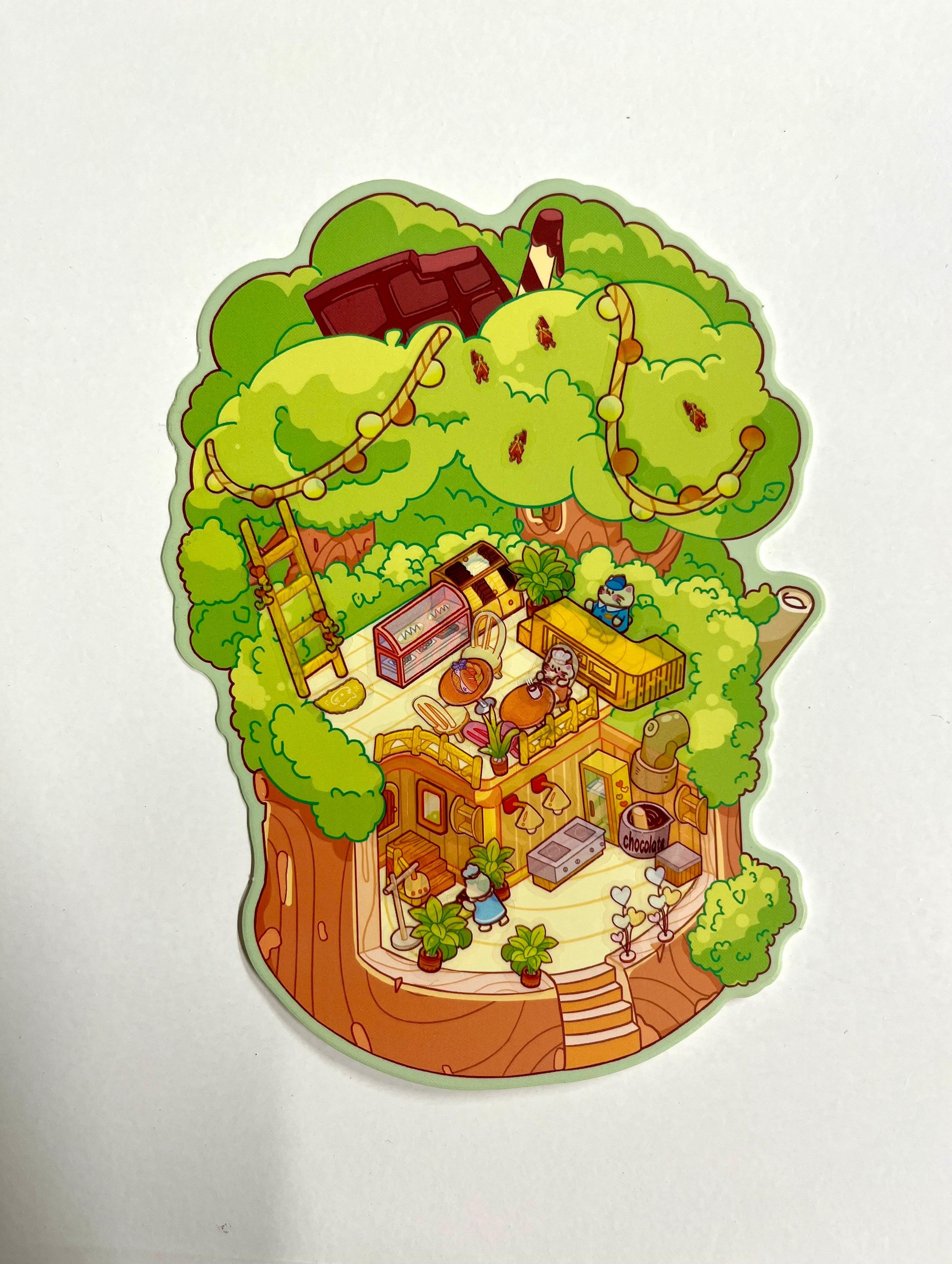 DIY Forest Kedi Cafe 3D Diorama İzometrik 142 Adet Sticker Ağaç Evi Kartonu Plastik Cımbız Seti