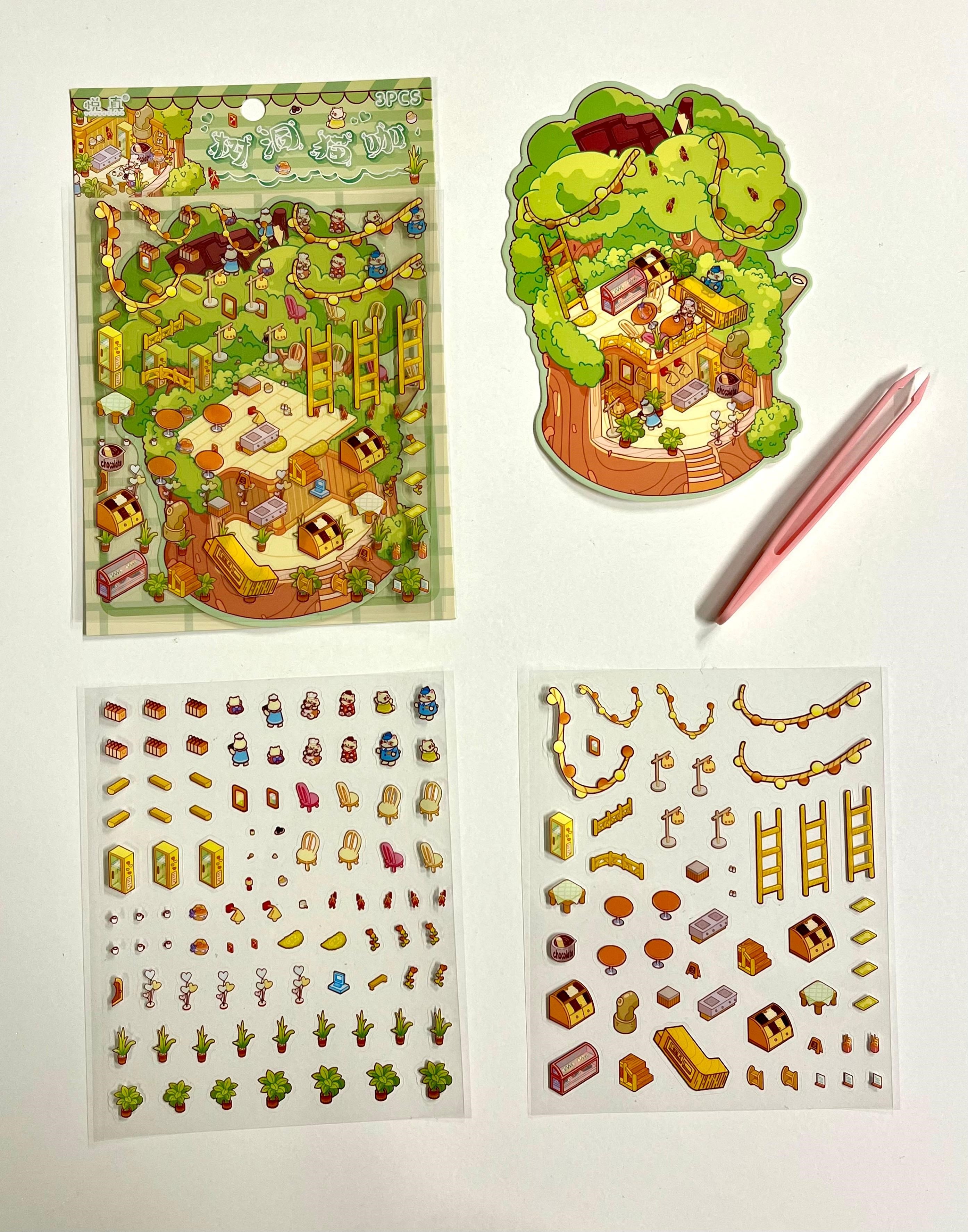 DIY Forest Kedi Cafe 3D Diorama İzometrik 142 Adet Sticker Ağaç Evi Kartonu Plastik Cımbız Seti