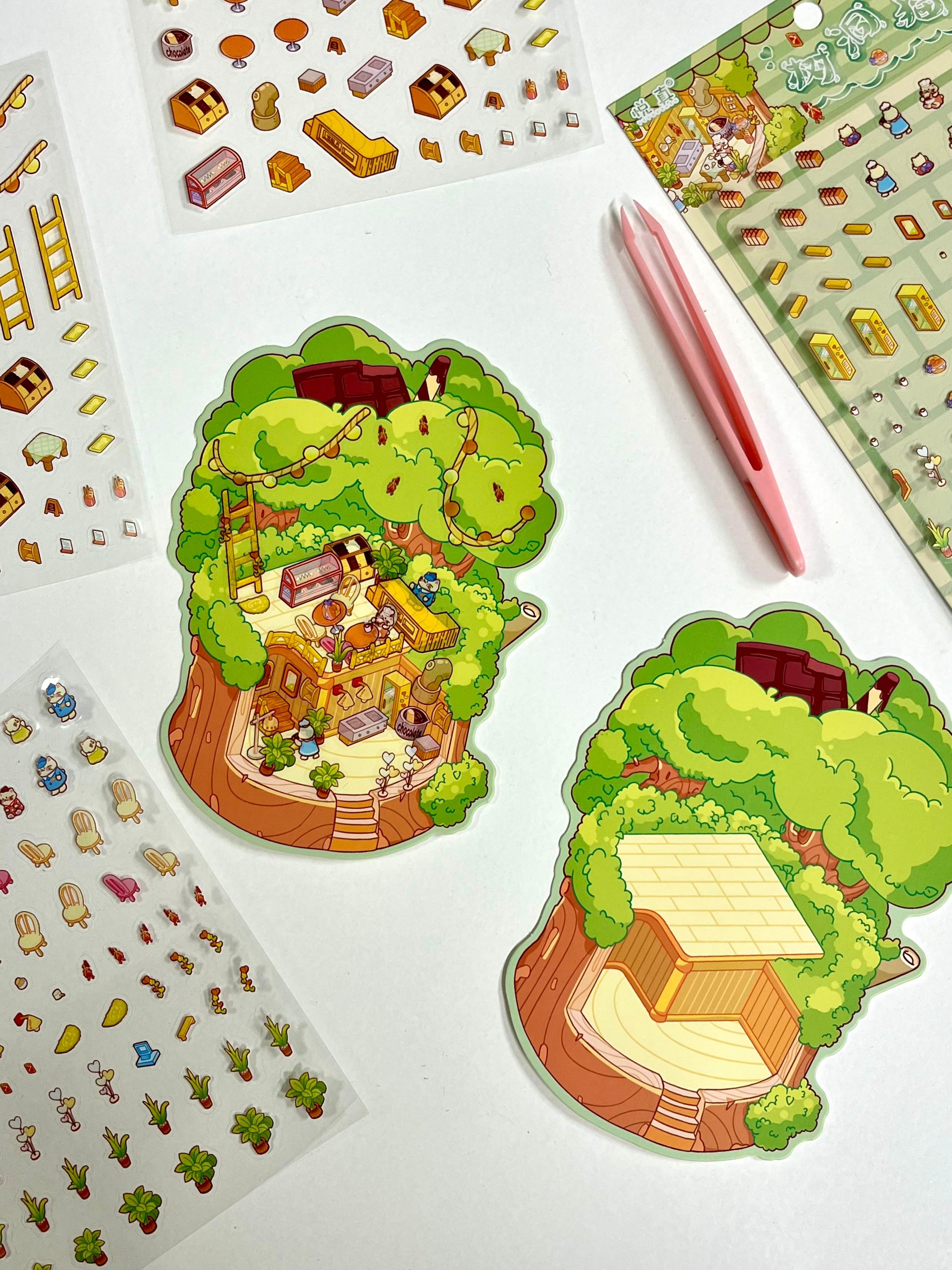 DIY Forest Kedi Cafe 3D Diorama İzometrik 142 Adet Sticker Ağaç Evi Kartonu Plastik Cımbız Seti