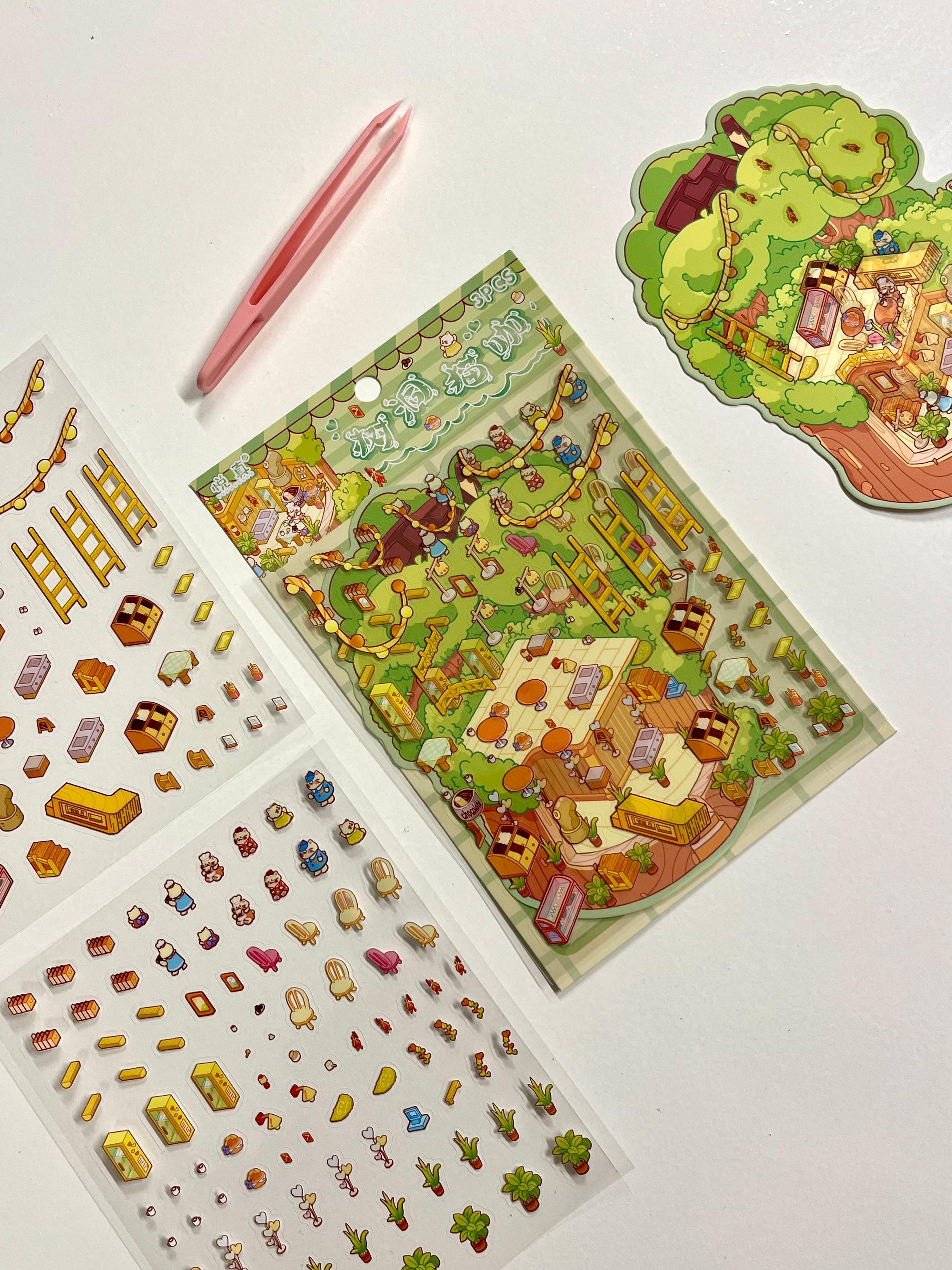 DIY Forest Kedi Cafe 3D Diorama İzometrik 142 Adet Sticker Ağaç Evi Kartonu Plastik Cımbız Seti