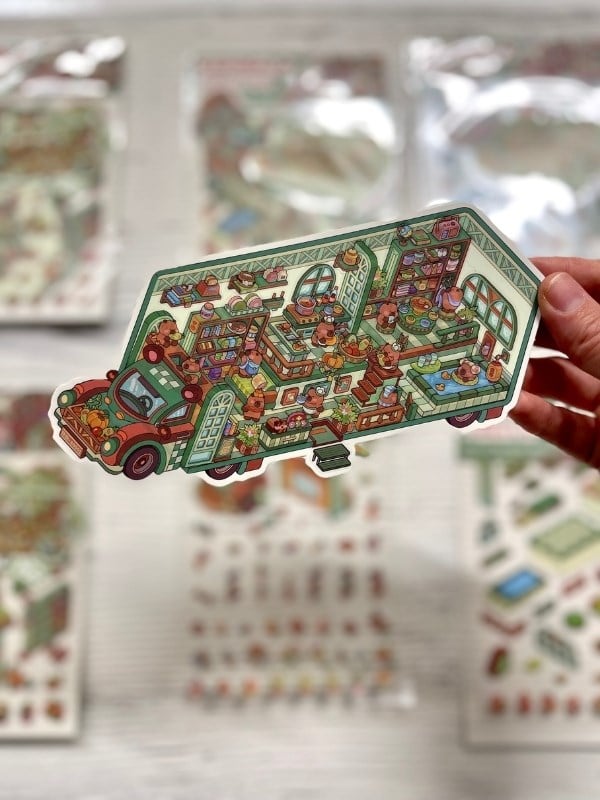 DIY Kapibara Orman Karavanı 3D Diorama İzometrik Sticker Seti/87 Adet Sticker+Karavan Kartonu