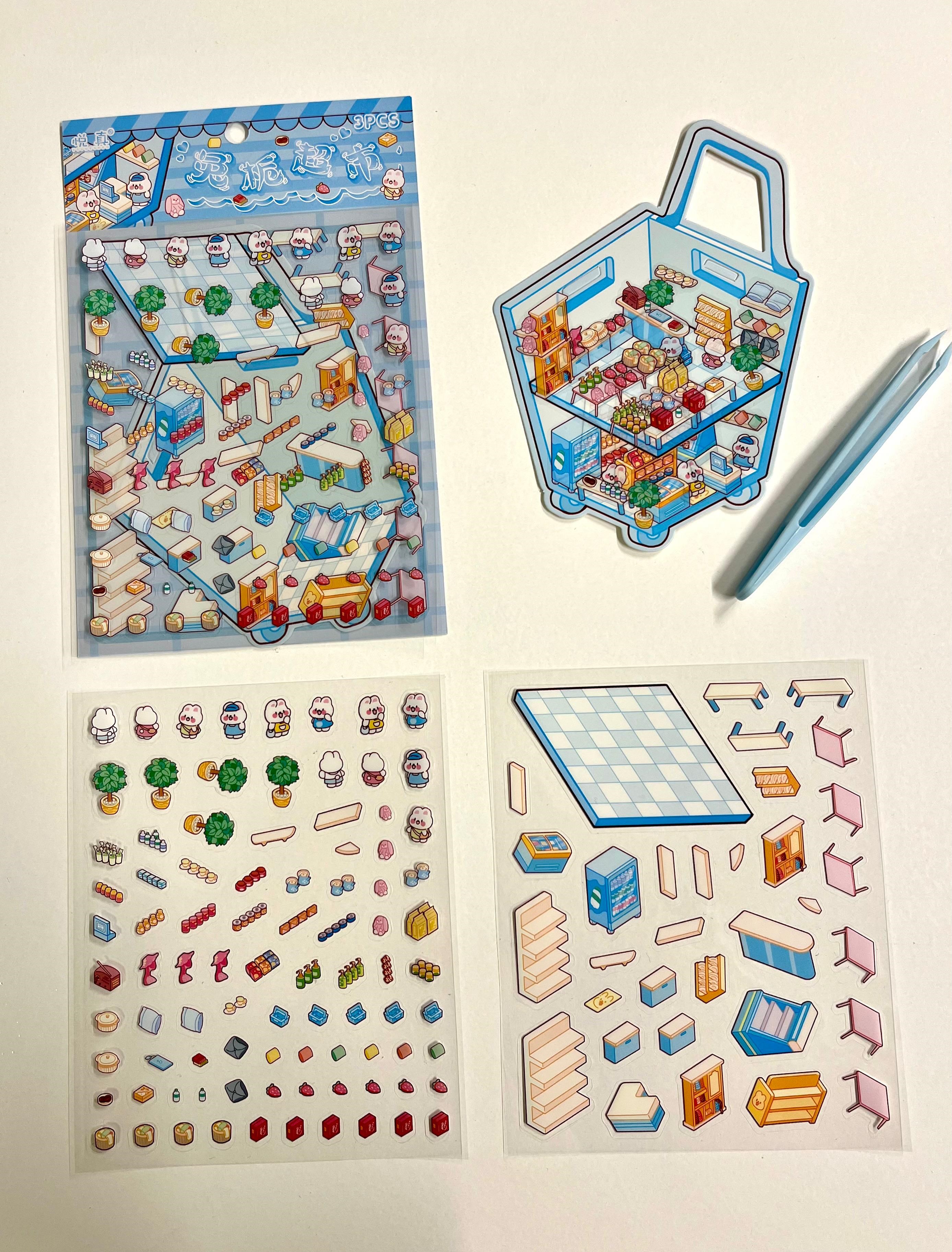 DIY Mini Market Arbası 3D Diorama İzometrik 122 Adet Sticker Sepet Kartonu Plastik Cımbız Seti