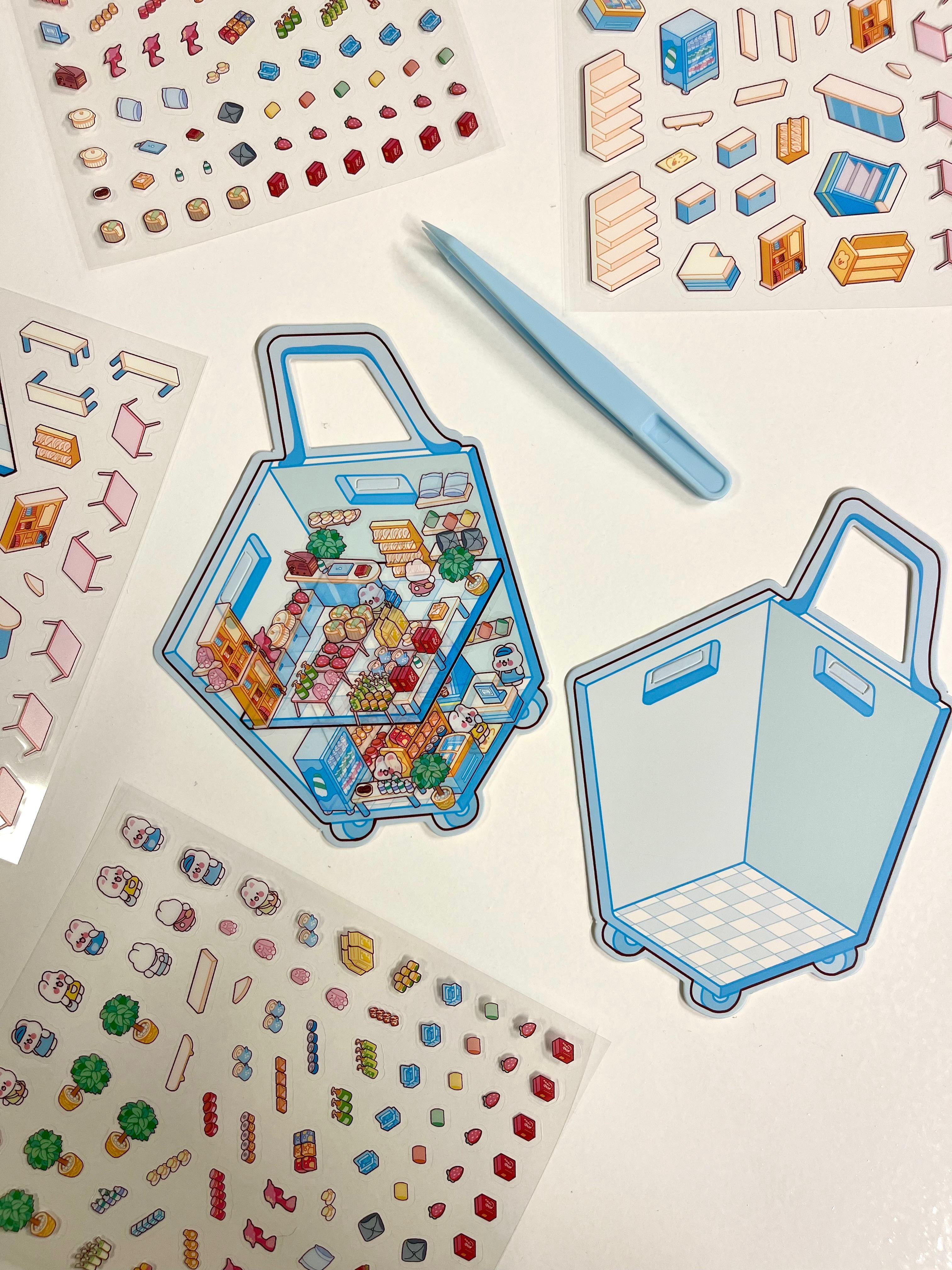 DIY Mini Market Arbası 3D Diorama İzometrik 122 Adet Sticker Sepet Kartonu Plastik Cımbız Seti