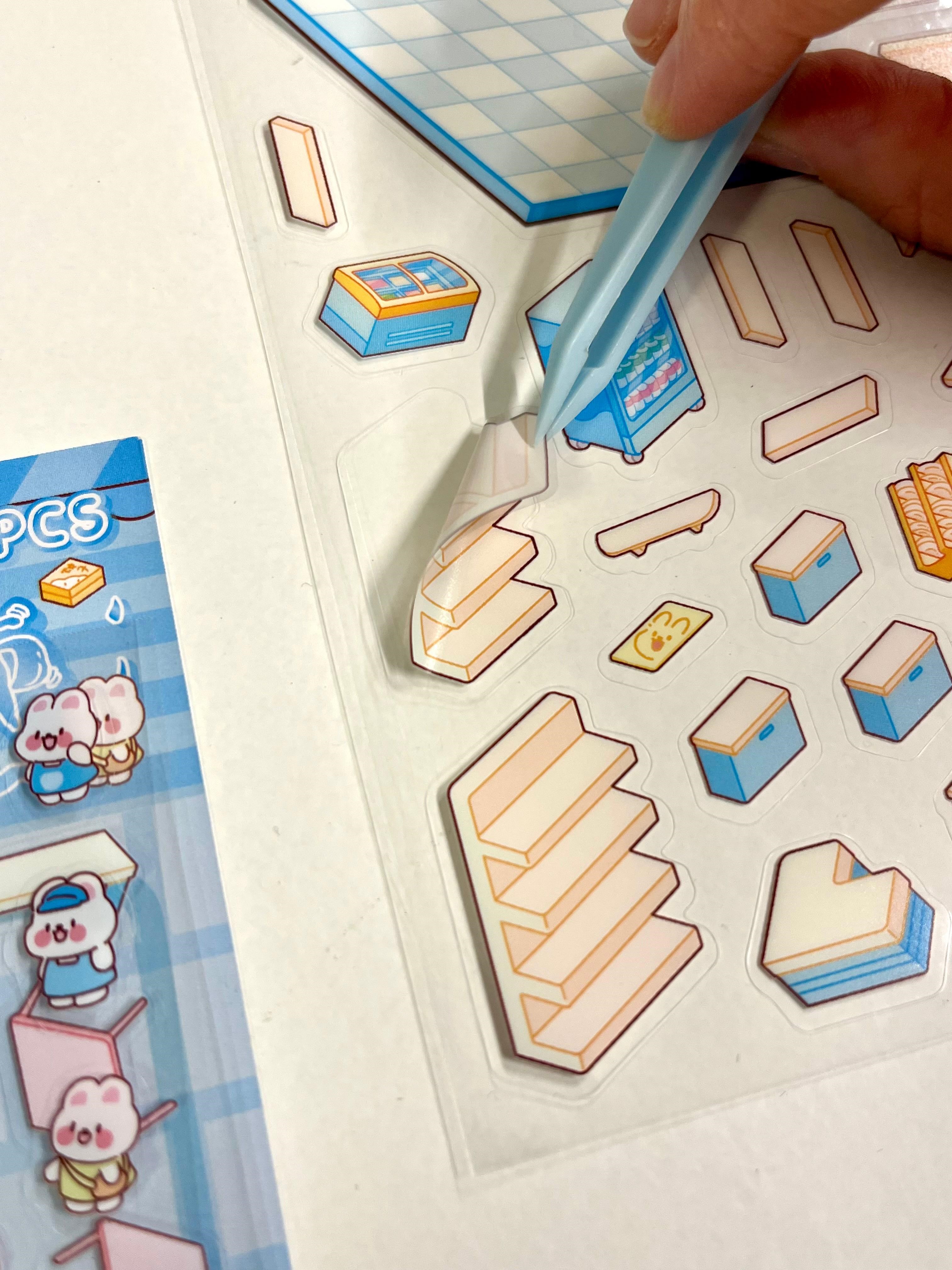 DIY Mini Market Arbası 3D Diorama İzometrik 122 Adet Sticker Sepet Kartonu Plastik Cımbız Seti