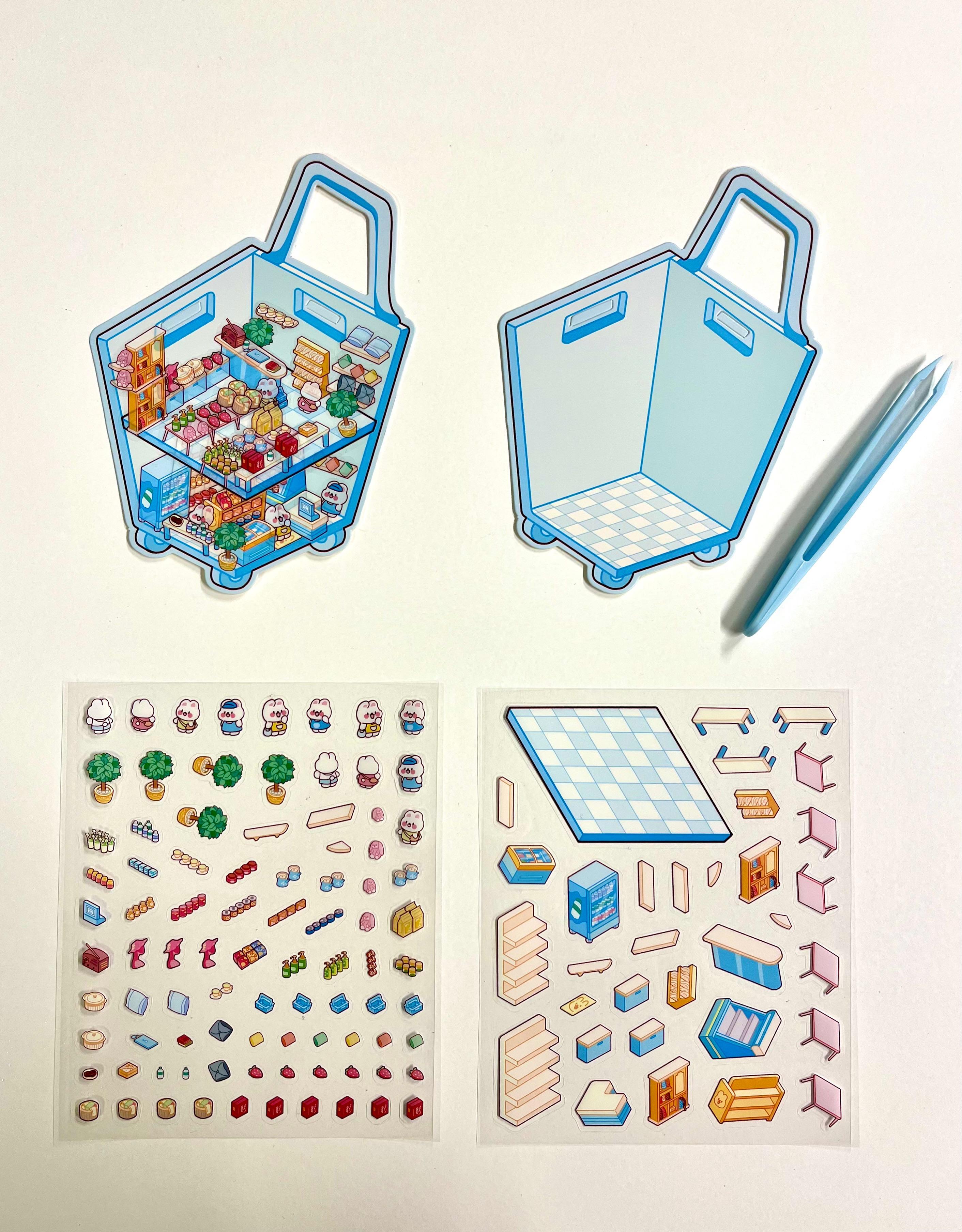 DIY Mini Market Arbası 3D Diorama İzometrik 122 Adet Sticker Sepet Kartonu Plastik Cımbız Seti